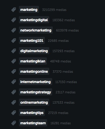 Ergebnisse der Hashtagrechere "#marketing" - Die Zahl hinter dem Hashtag verrät die Anzahl der Posts. 
