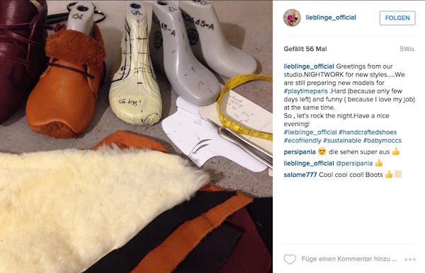 Der Schuhhersteller Lieblinge informiert auf Instagram darüber, dass gerade viel los ist und bis in die Nacht gearbeitet wird. 
